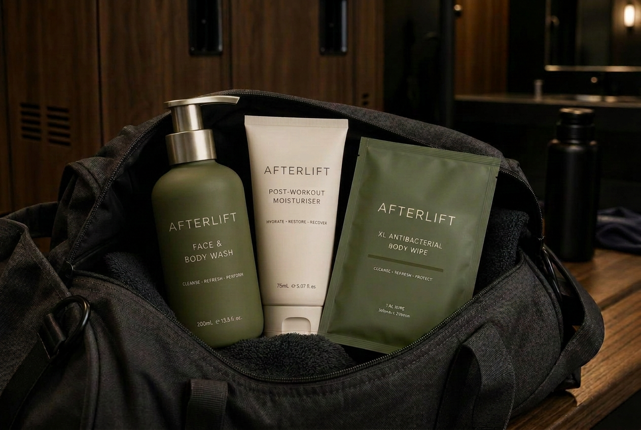 Afterlift post-workout essentials packed in a gym bag