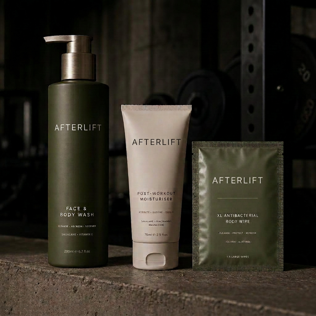 Afterlift Face & Body Wash, Post-Workout Moisturiser and XL Antibacterial Body Wipe lined up in a gym