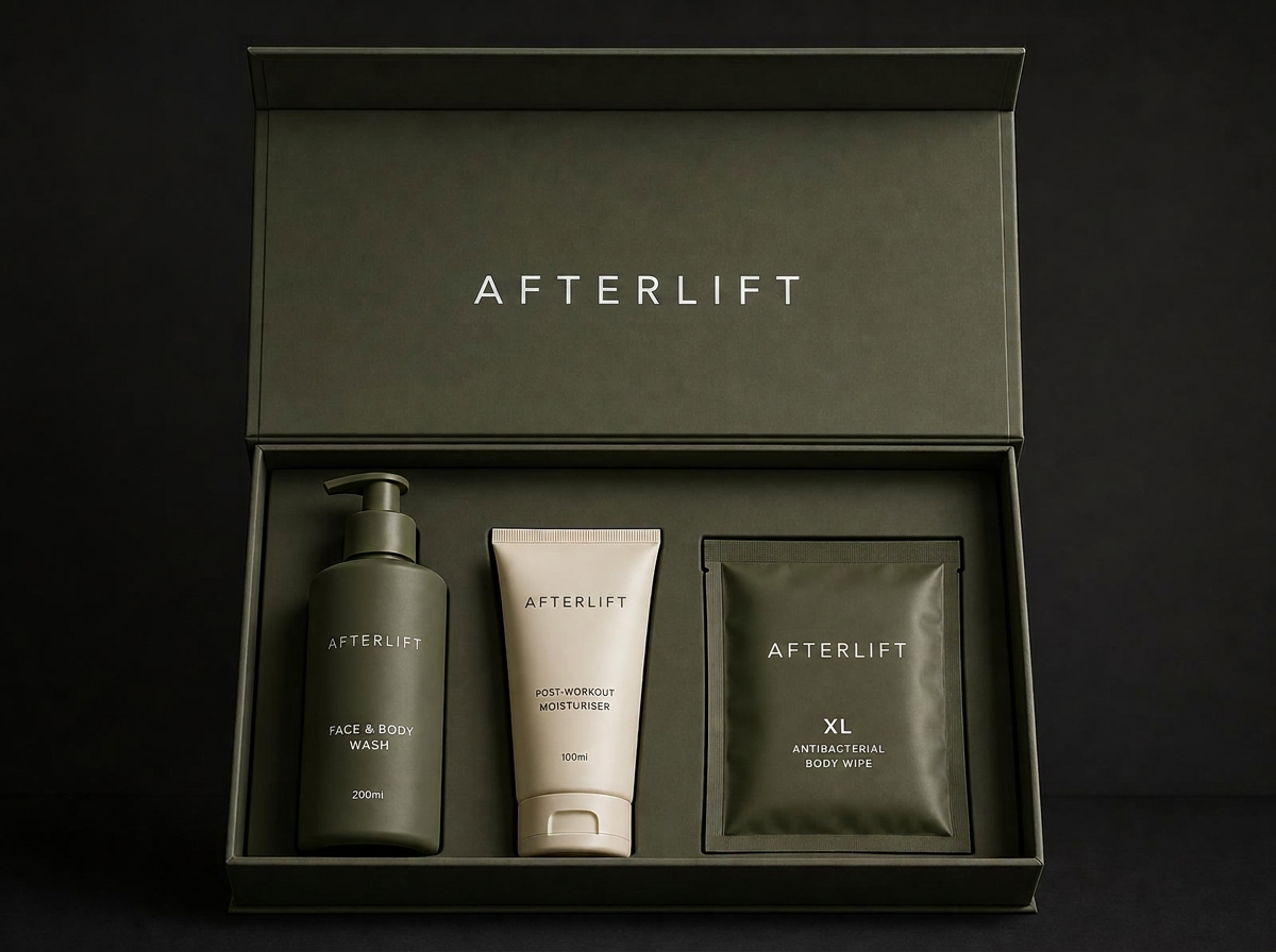 Afterlift Performance Care gift box with Face & Body Wash, Post-Workout Moisturiser and XL Antibacterial Body Wipe