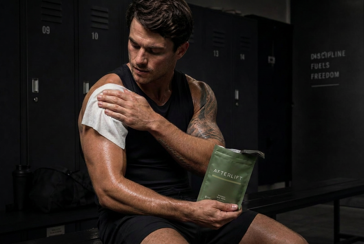Athlete using an Afterlift XL antibacterial body wipe after training